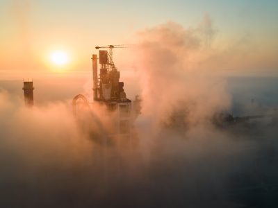 Zdjęcie na którym widać smog, duży budynek za mgłą